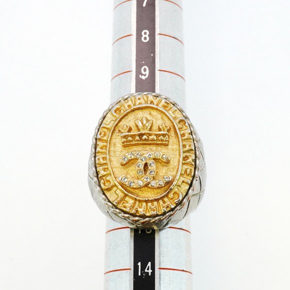 CHANEL Band Ring Coco Mark Oval GP Plated Metal Rhinestone Gold Silver Size 6 - Picture 5 of 10